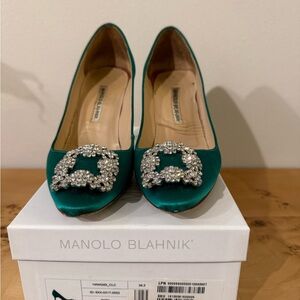 Manolo Blahnik Teal Satin Heels with Crystal Buckle